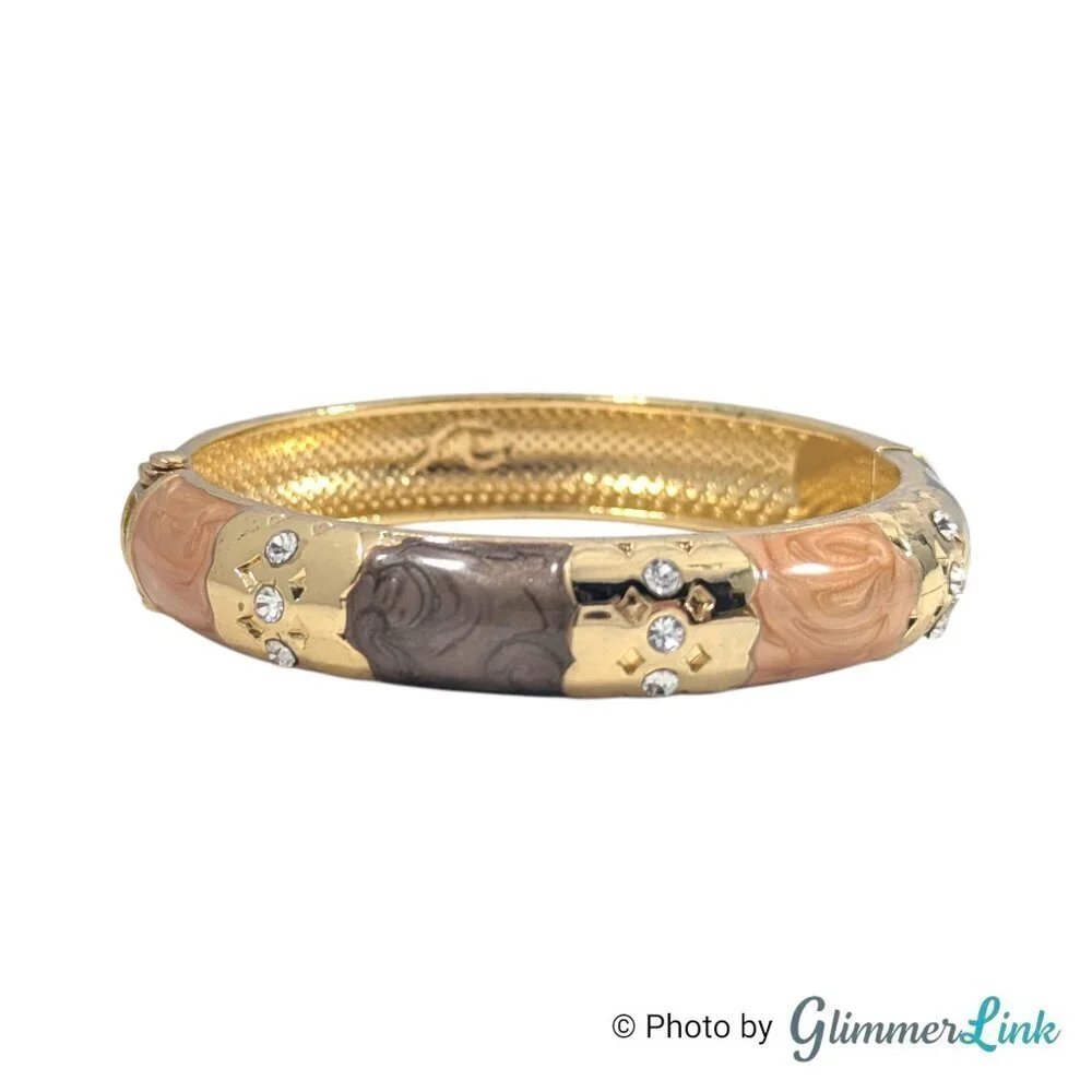Earth Tone Enamel Gold Tone Hinged Clamper Bracelet